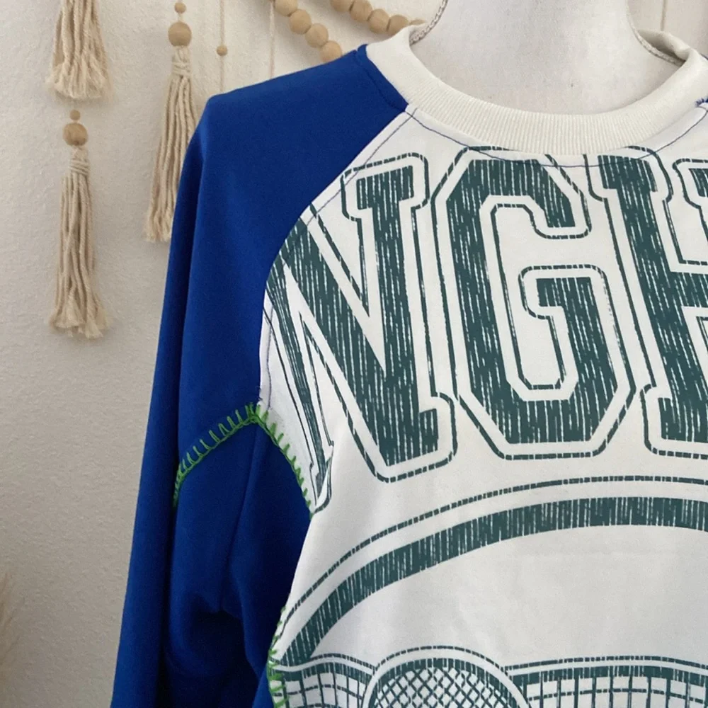 pieced sweatshirt top trendy mixed media long sleeve embroidered blue white M - Picture 3 of 16